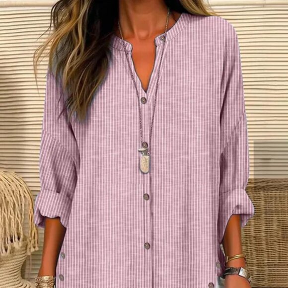 New Women's Vertical Striped Notched Collar Shirt,Long Sleeve Tops Fall Cloth - Picture 1 of 1